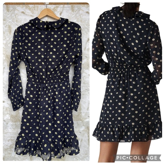 Whistles Aggie Navy Daisy Print Ruffle Dress Size 4 - Picture 3 of 15